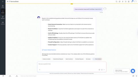 ManageEngine ServiceDesk Plus screenshot: Ask Zia chat assistant