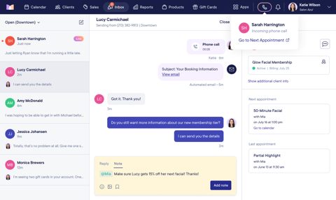 Mangomint screenshot: Client inbox with two-way texting