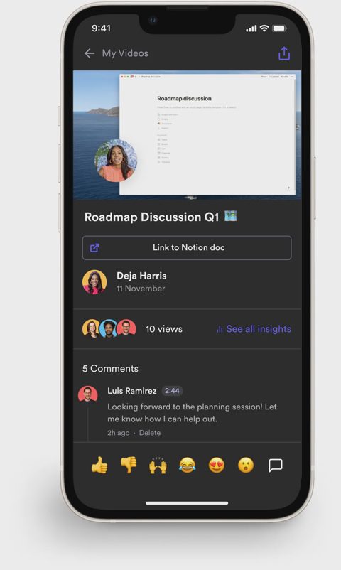 Loom screenshot: Mobile app video page with comments