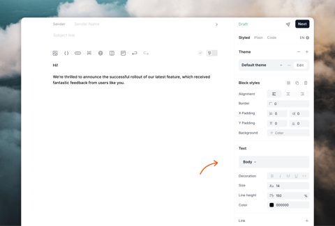 Loops screenshot: Email editor with styling sidebar
