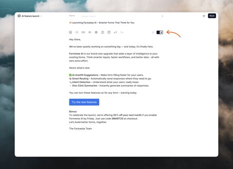 Loops screenshot: Email editor in writing mode