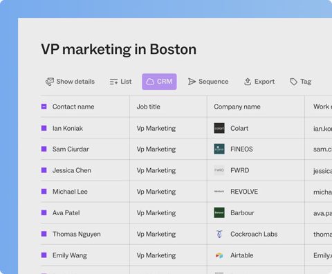 Lusha screenshot: Prospecting list with contact table