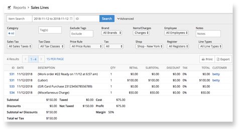 Lightspeed Retail screenshot: Sales Lines report with totals