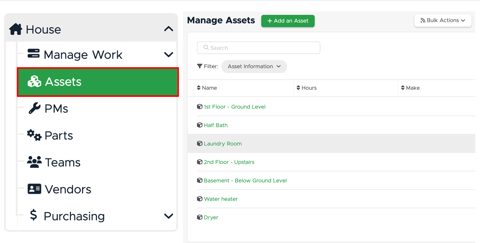 Limble CMMS screenshot: Manage Assets list