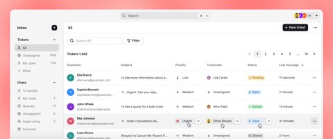 LiveChat screenshot: Tickets list