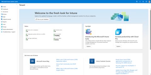 Microsoft Intune screenshot: Intune admin center home with status tiles