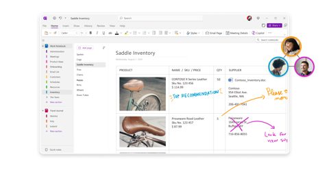 Microsoft OneNote screenshot: OneNote page with inventory table and ink