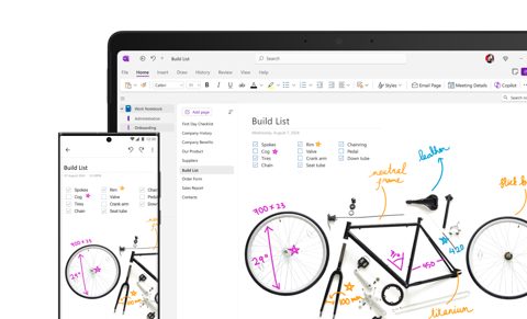 Microsoft OneNote screenshot: Notebook page on laptop and phone
