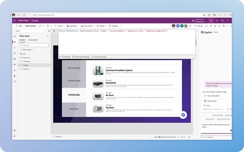 Microsoft Power Apps screenshot: Canvas app editor with Copilot