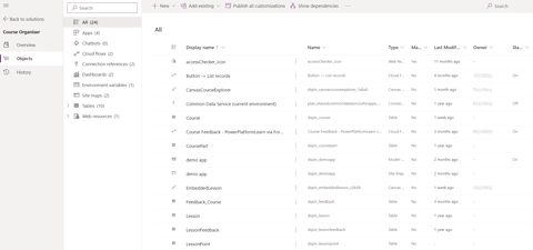 Microsoft Power Apps screenshot: Solution explorer objects list