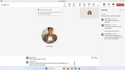 Microsoft Teams screenshot: Call with live transcript