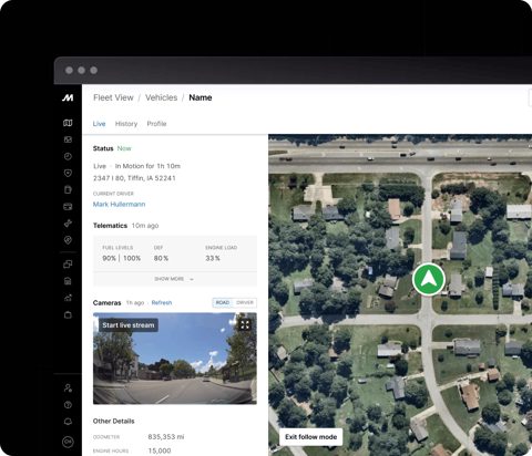 Motive screenshot: Live vehicle map with camera stream