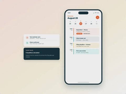 MyCase screenshot: Mobile app calendar and reminders