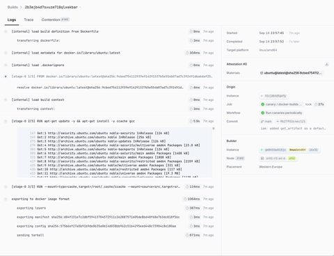 Namespace screenshot: Build log with details sidebar