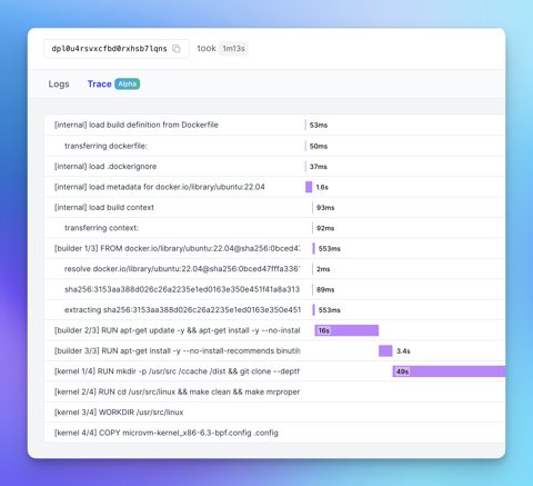 Namespace screenshot: Docker build trace timeline