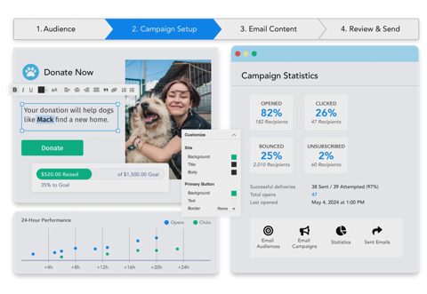 Neon CRM screenshot: Email builder with campaign statistics
