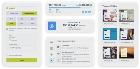 Neon CRM screenshot: Donation form builder and theme editor