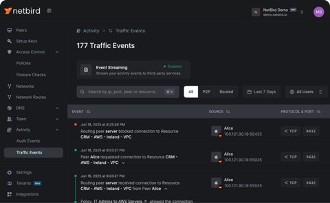 NetBird screenshot: Traffic events log