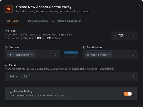 NetBird screenshot: Create access control policy