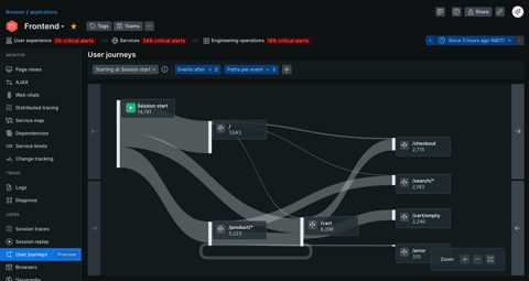 New Relic screenshot: Frontend user journeys view