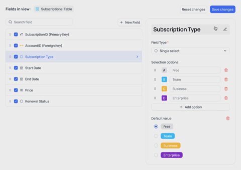 NocoDB screenshot: Field manager for a table
