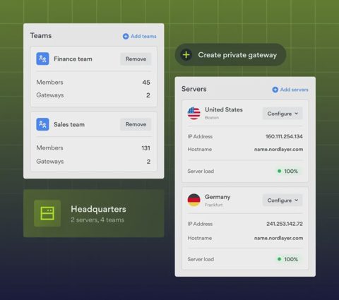 NordLayer screenshot: Teams and gateway configuration