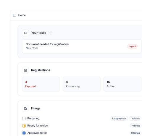 Numeral screenshot: Home dashboard with tasks and filings