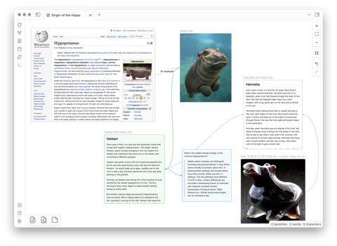 Obsidian screenshot: Canvas with linked notes and web page