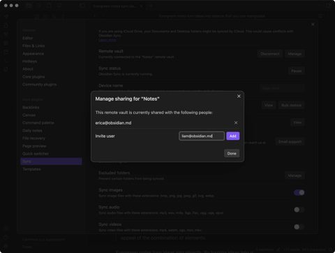 Obsidian screenshot: Sharing a synced vault with another user