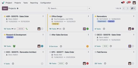 Odoo screenshot: Project overview cards