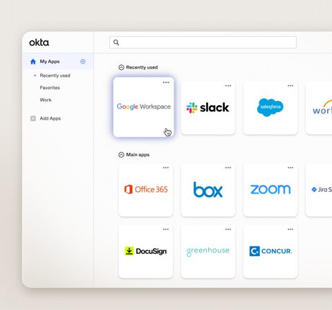 Okta screenshot: End-user dashboard with app tiles