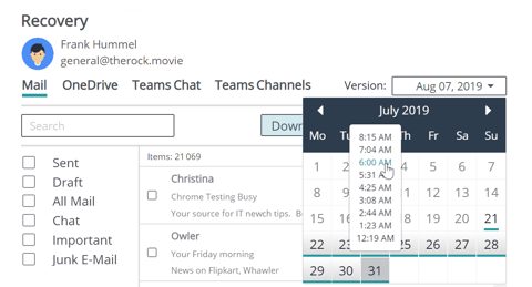 Afi screenshot: Mail recovery browser with version picker