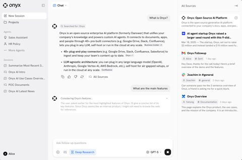 Onyx screenshot: Chat with cited sources panel
