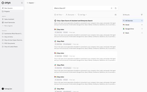 Onyx screenshot: Enterprise search results with filters
