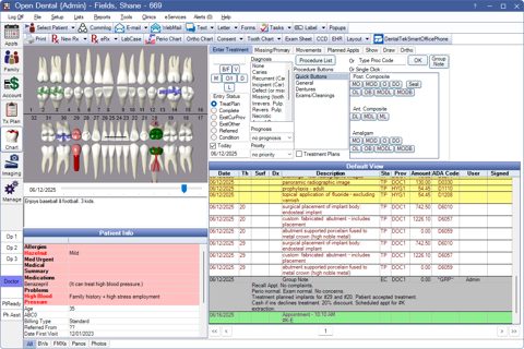 Open Dental screenshot: Patient chart with tooth chart
