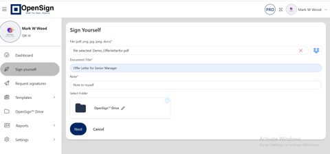 OpenSign screenshot: Sign yourself form