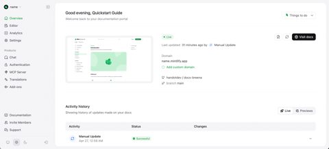 Mintlify screenshot: Documentation dashboard overview