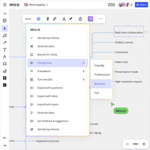 Miro screenshot: AI actions in a mind map