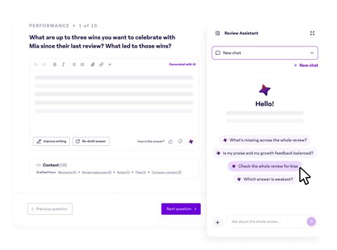 15Five screenshot: Performance review with AI review assistant