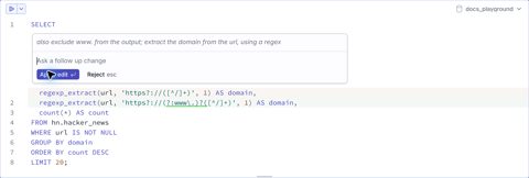 MotherDuck screenshot: SQL editor with AI edit
