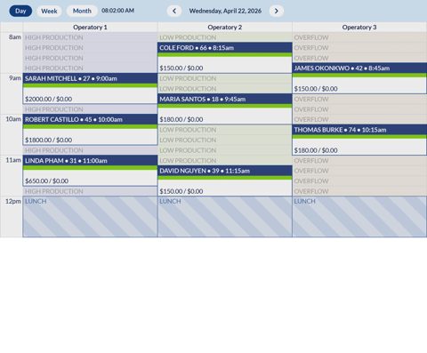 Oryx Dental Software screenshot: Operatory scheduling view