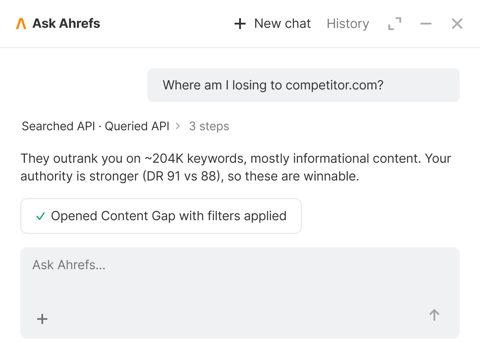 Ahrefs screenshot: Ask Ahrefs assistant chat