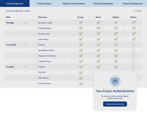 Oryx Dental Software screenshot: User roles and permissions