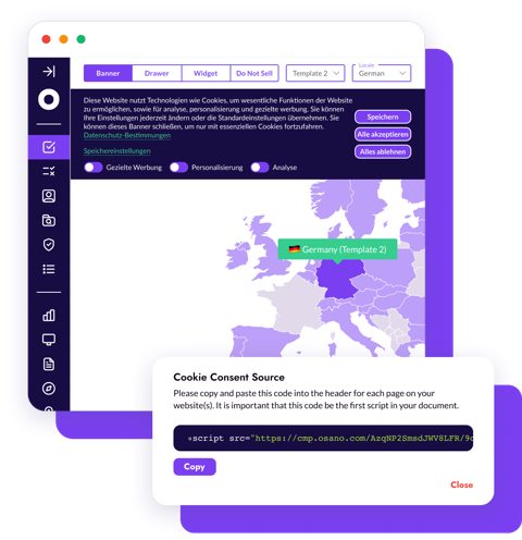 Osano screenshot: Cookie consent banner configuration