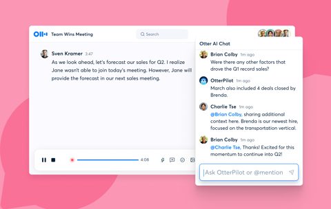 Otter.ai screenshot: Meeting transcript with AI chat panel