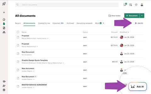 PandaDoc screenshot: All documents list