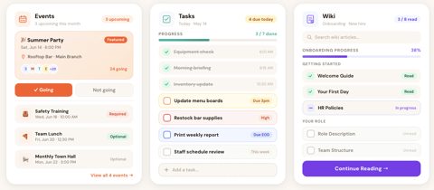 Pebb screenshot: Events, tasks and wiki views