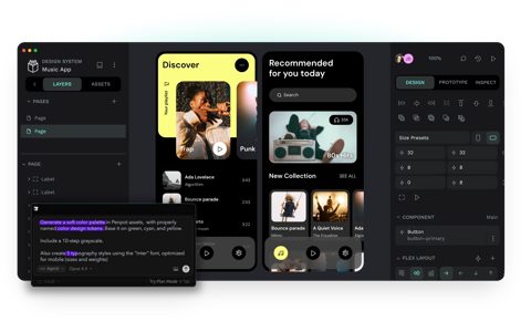 Penpot screenshot: Design editor with layers and inspector