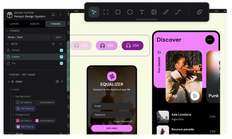 Penpot screenshot: Design tokens panel and toolbar