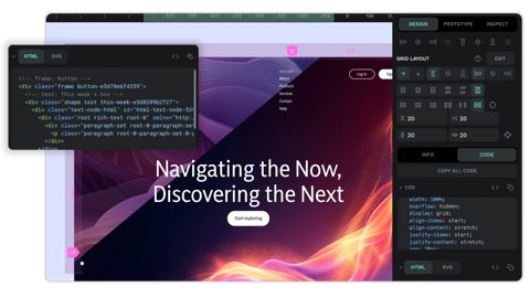 Penpot screenshot: Design with generated HTML and CSS code